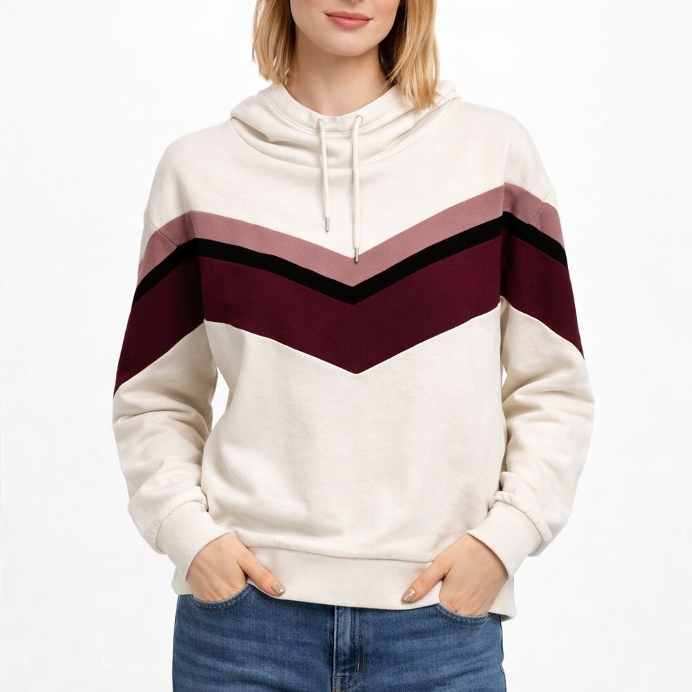 Kinesis Colorblock Cowl Neck Hoodie Sweatshirt Cream Burgundy Black L